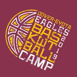 two color basketball camp tee shirt design with distressed half basketball and tilted block lettering