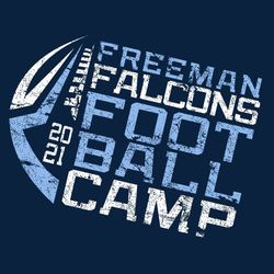 two color football camp tee shirt design with distressed half football and tilted block lettering