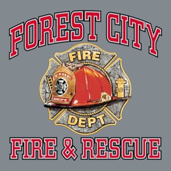 four color fire department tee shirt design with block lettering above and below fire department emblem with helmet.