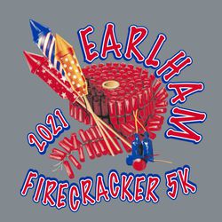 fourth of July 5K tee shirt design with various fireworks and lettering that flows with the art.