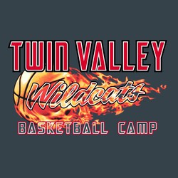 four color basketball camp tee shirt design with flaming basketball.  Flames show inside team name.