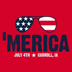 two color patriotic 4th of July tee shirt design with sunglasses reflecting the US flag and distressed lettering "'MERICA" below art.