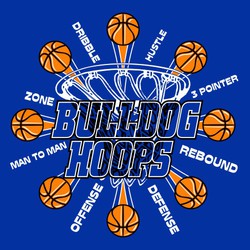 three color basketball tee shirt design with skill list around hoop and basketballs moving out from the center of the design.