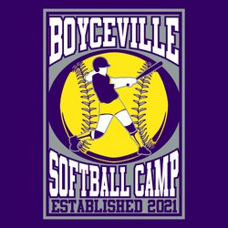 three color softball camp tee shirt design with large softball that has a batter over the top.  Arched lettering above and below the art all in a rectangular frame.