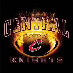 three color football tee shirt design with flaming football that shows through the inside of the lettering.  Mascot or logo over ball.