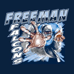 five color football tee shirt design with charging running back doing a stiff arm. Block cartoon style lettering above and along the side of artwork.