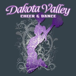 five color cheerleading and dance tee shirt design with cheerleader holding pom pons and swirls in the background.