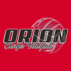 three color volleyball tee shirt design with stylized volleyball showing inside lettering of team name.