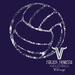 two color volleyball tee shirt design with large, distressed outline of volleyball.  Smaller team name, logo and mascot name at the lower left of the design.