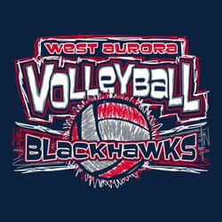 three color volleyball tee shirt design with scribble lines in ball and background and framing text.  Fun, loose block letter style.