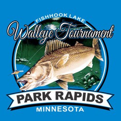 five color fishing tee shirt design with walleye in circle background and banner with organization name.  Walleye tournament in script over top of art with lake name at the top of design.