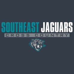 three color cross country design with reversed type in rectangle frame.  Team name above and mascot below cross country.