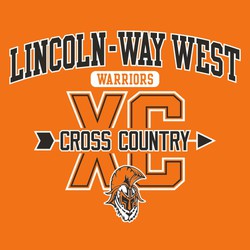 two color cross country tee shirt design. Large XC with "Cross County" and arrow above it.  School name above art with mascot name reversed text in rectangle below team name.