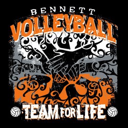 Three color volleyball tee shirt design with stylized, distressed overlapping hands and lettering "Team for Life".