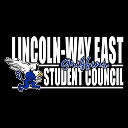 three color student council tee shirt design with school name, mascot name in script, and student council stacked.  Mascot on the lower left corner of the design.