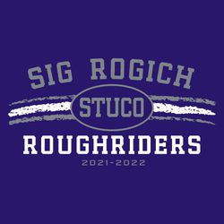 two color student council tee shirt design with STUCO inside oval over three rough brushed stripes.  School name above design, mascot name below the design.