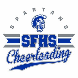 two color cheerleading tee shirt design with circle text over mascot, then 3 color ribbon with gap for school name.  Cheerleading in script at the bottom.