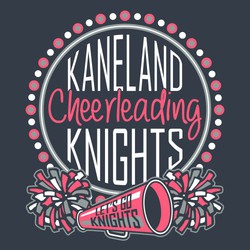 circular cheerleading tee shirt design with megaphone and pom poms at the bottom. Team name and mascot name in arched block lettering in the circle divided by the word Cheerleading in a hand font.