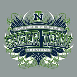 three color cheerleading tee shirt design with winged swirl pattern in the background. Cheer Team between rectangles with school and mascot names. logo at top on halftone background.