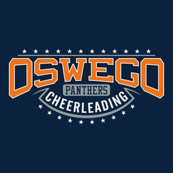 three color cheerleading tee shirt design with line of stars underlined, bridged team name in block letters.  Mascot name in rectangle.  Cheerleading in circular half banner and stars at bottom.