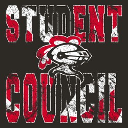 Two color student council tee shirt design with patterned and distressed lettering.  Student above school mascot and Council below mascot.