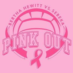 one color volleyball pink out tee shirt design with half ball framed with ribbons.  Pink out arched in block letters over ball and circle text with team names above the ball.  Cancer ribbon at bottom.