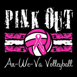 two color volleyball pink out tee shirt design with 3 alternating distressed stripes behind volleyball with ribbon over it.  Distressed "Pink Out" lettering above the ball.  Team name in script.