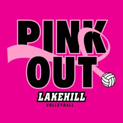 three color volleyball cancer pink out design with swirling volleyball in the shape of a ribbon through "Pink Out" text.  School name below art in block letters.