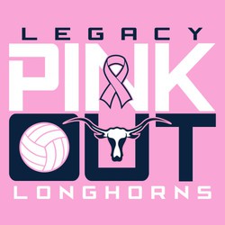 two color volleyball pink out design with ribbon and mascot centered on Stacked "Pink Out" text.  Volleyball is center of "O".  Team name above and mascot name below art.  Block lettering.