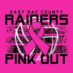 two color pink out volleyball t-shirt design with heavily distressed volleyball and three bars centered in the design. Ribbon over ball.  Block team and mascot name above ball, "Pink Out" below ball.