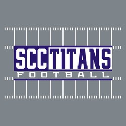 two color football tee shirt design with team name and mascot name in team colored rectangles.  Football field markings in the background.