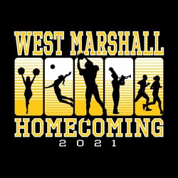 two color homecoming tee shirt design with cheerleader, volleyball, football, marching band and cross country silhouttes.