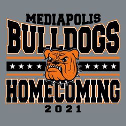 three color homecoming tee shirt design with block lettering above and below mascot. Three horizontal stripes with stars in the middle.