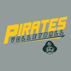 two color volleyball tee shirt design with stacked, diagonal block lettering.  Team name and word volleyball underlined.  mascot in lower corner of design.