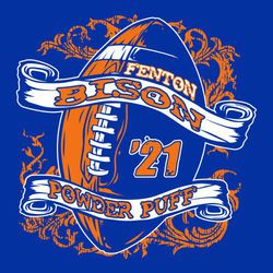 two color powder puff football tee shirt design. distressed football and background shapes.  Distressed lettering in scroll banners over footbaball.