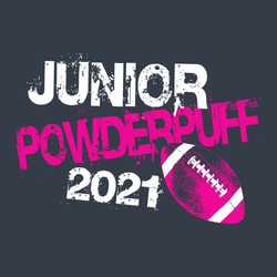 two color powder puff football tee shirt design with stacked, heavily distressed lettering "Junior Powderpuff" with year below that.  Realistic style football with shading in pink.