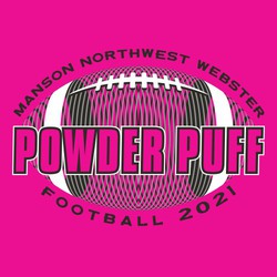two color powder puff football tee shirt design with wireframe style football.  Lettering below and above ball fit to the contour of the ball. Powder Puff in bold style font over football.