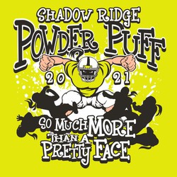 three color powder puff football design with female player posing over falling silhouttes of other smaller players.  "So much more than a pretty face"