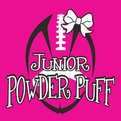 two color powderpuff football tee shirt design with football, laces and bow.  Curley lettering  over ball.