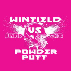 one color powderpuff football tee shirt design with helmet and background splash.