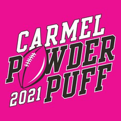 two color football powder puff design with football used as the "O" in powderpuff. athletic block lettering on a diagonal slant used for school name and year.