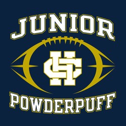 two color football powderpuff design with stylized football.  Arched lettering above the ball with class info and powderpuff reversed arched below ball.  Team logo in ball.