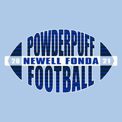 three color football powderpuff tee shirt design with lettering fit in ball shape.  Horizontal lines through letters.  school name and on horizontal shape through middle of the ball shape.