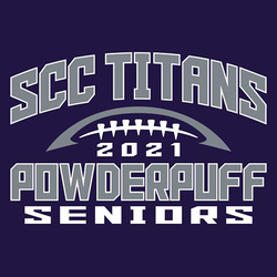 two color powderpuff football tee shirt design with heavy block lettering above and below half football and laces.  Stylized ball. Year directly below ball. Seniors at the bottom of design.