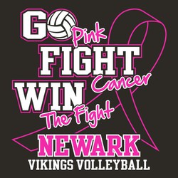two color fight against cancer tee shirt design with large ribbon outline behind wording that flows with the ribbon.  Volleyball is "O" in word "GO".