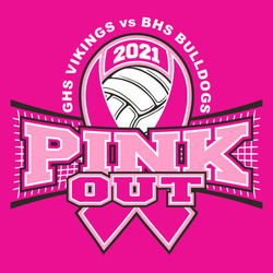 three color fight against cancer volleyball pink out design.  volleyball net behind word pink out.  Cancer ribbon over net with volleyball in top part of ribbon.  Team names in circle text around top