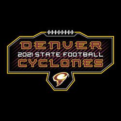 three color state football design. rectangular frame with diagonal slashes behind lettering.  Football laces above design and opening for mascot at the bottom.