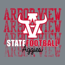 three color state football tee shirt design with school name stacked in the background, fading out at the bottom.  Large team mascot centered. State football and script mascot name at the bottom.