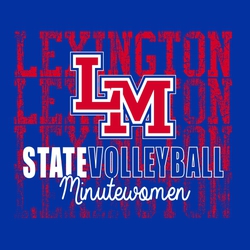 three color state volleyball tee shirt design. Progressively distressed team name stacked in the background.  Large team logo or mascot centered with state volleyball and script mascot name at bottom.