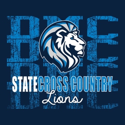 three color state cross country design with distressed school name in background, large mascot centered. state cross country and mascot name below mascot.